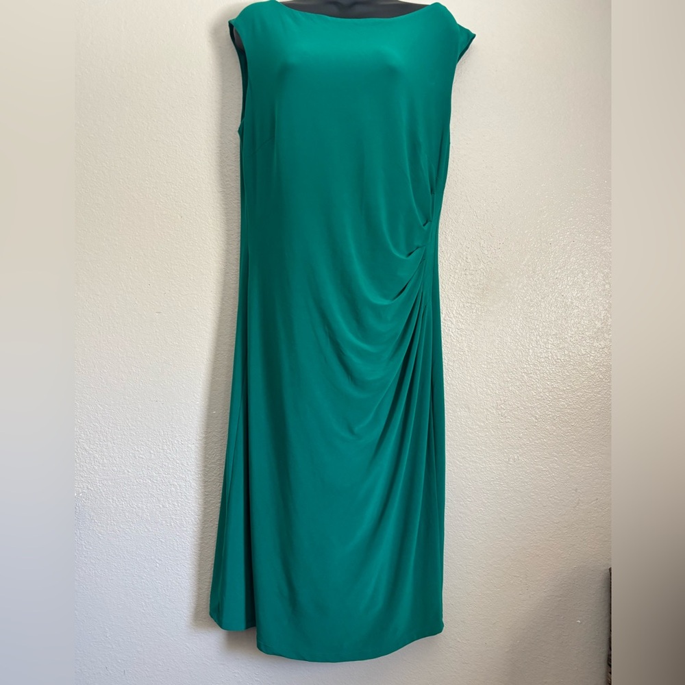 Lauren Ralph Lauren Green Asymmetrical Ruched Midi Dress Size 12